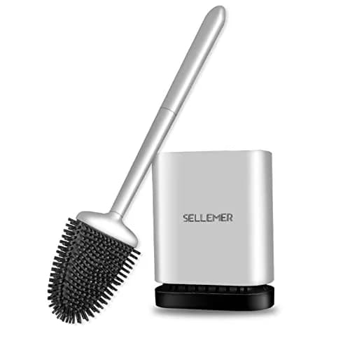 Sellemer Silicone Toilet Brush with Ventilation Holder | Flat Head, Hair-Free, Rustproof Handle (Silver, 1 Pack) thumbnail 1