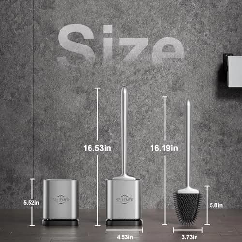 Sellemer Silicone Toilet Brush with Ventilation Holder | Flat Head, Hair-Free, Rustproof Handle (Silver, 1 Pack) thumbnail 7