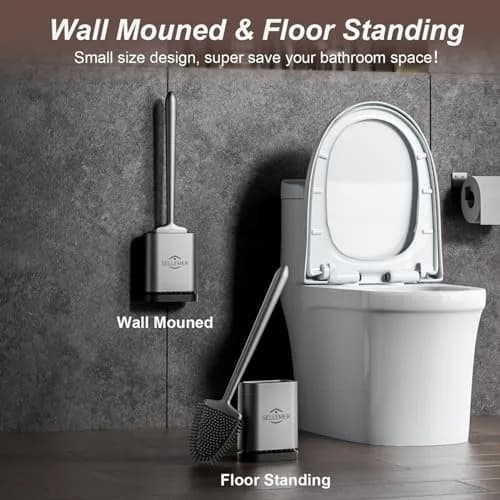 Sellemer Silicone Toilet Brush with Ventilation Holder | Flat Head, Hair-Free, Rustproof Handle (Silver, 1 Pack) thumbnail 8