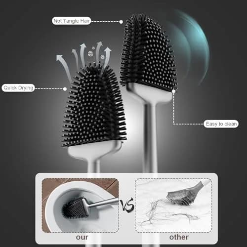 Sellemer Silicone Toilet Brush with Ventilation Holder | Flat Head, Hair-Free, Rustproof Handle (Silver, 1 Pack) thumbnail 3