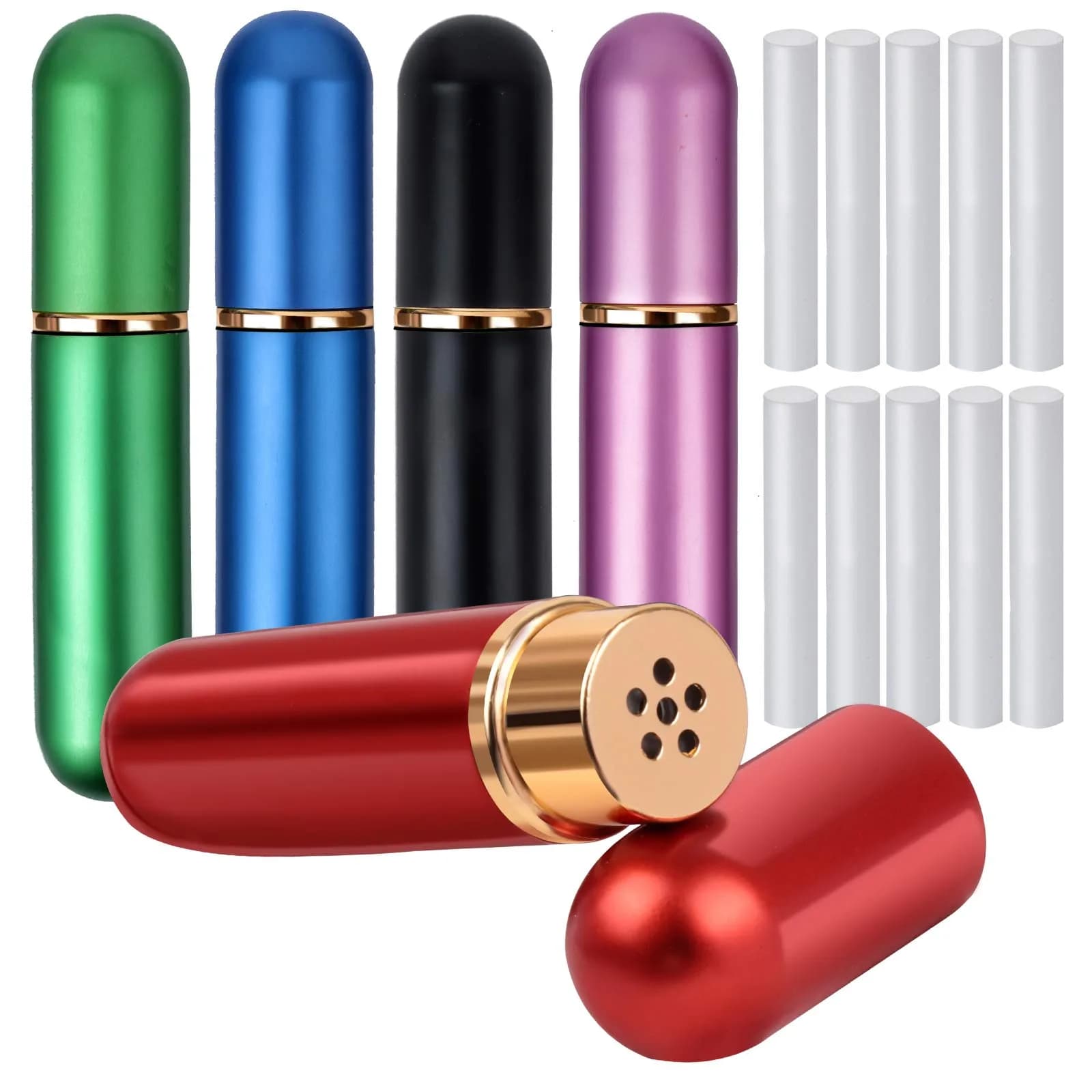 YGDZ Essential Oil Inhaler 5pcs Aluminum with 10 Cotton Wicks | Refillable Personal Nasal Aromatherapy Tubes - main product image