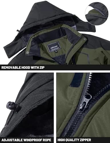 TACVASEN Men's Waterproof Warm Snowboard Tactical Coat with Fleece Lining & Detachable Hood, 0.3 kg (0.66 lb) | Green, Medium thumbnail 4