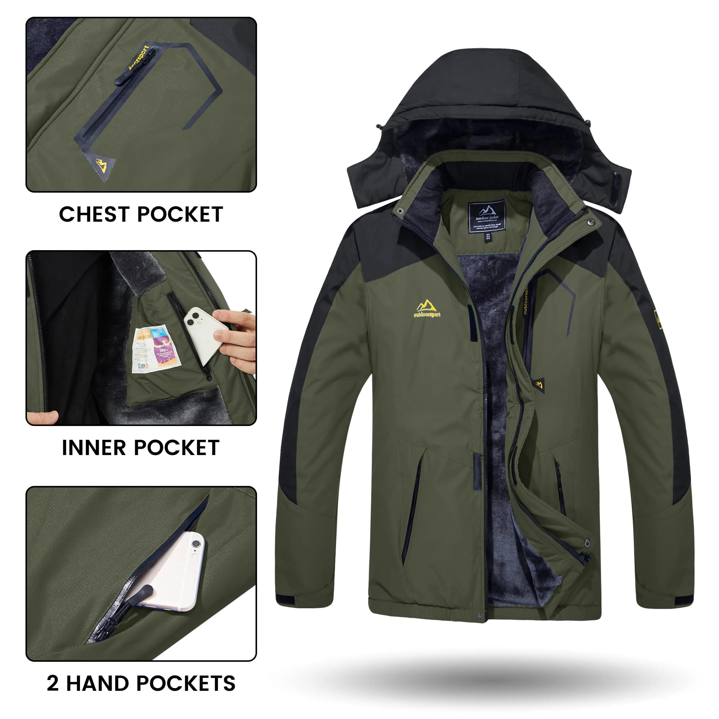TACVASEN Men's Waterproof Warm Snowboard Tactical Coat with Fleece Lining & Detachable Hood, 0.3 kg (0.66 lb) | Green, Medium - view 5