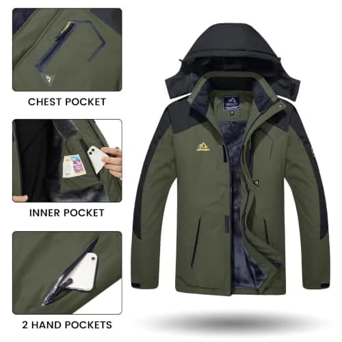 TACVASEN Men's Waterproof Warm Snowboard Tactical Coat with Fleece Lining & Detachable Hood, 0.3 kg (0.66 lb) | Green, Medium thumbnail 5