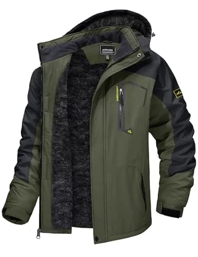 TACVASEN Men's Waterproof Warm Snowboard Tactical Coat with Fleece Lining & Detachable Hood, 0.3 kg (0.66 lb) | Green, Medium thumbnail 1