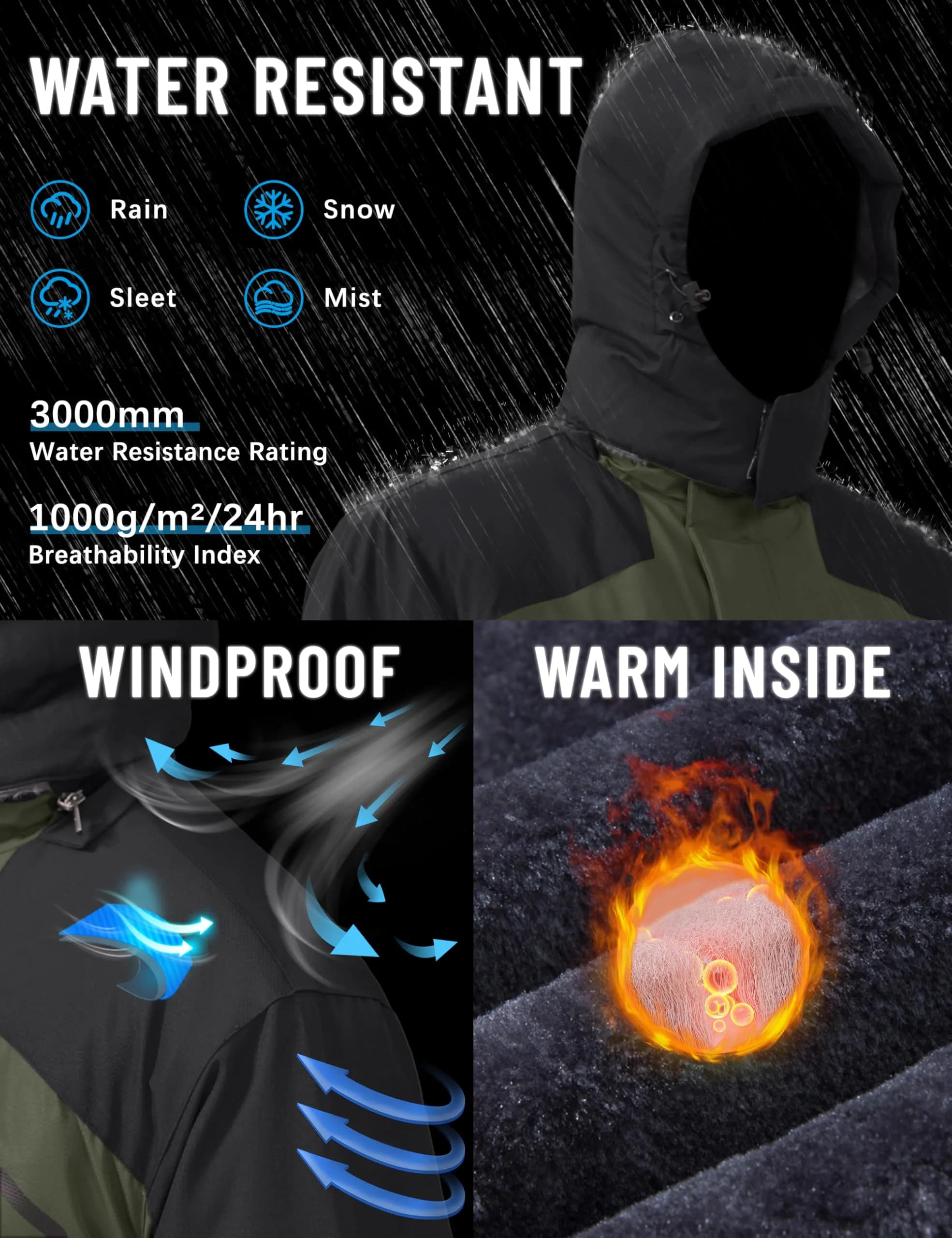 TACVASEN Men's Waterproof Warm Snowboard Tactical Coat with Fleece Lining & Detachable Hood, 0.3 kg (0.66 lb) | Green, Medium - view 2