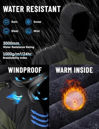 TACVASEN Men's Waterproof Warm Snowboard Tactical Coat with Fleece Lining & Detachable Hood, 0.3 kg (0.66 lb) | Green, Medium thumbnail 2