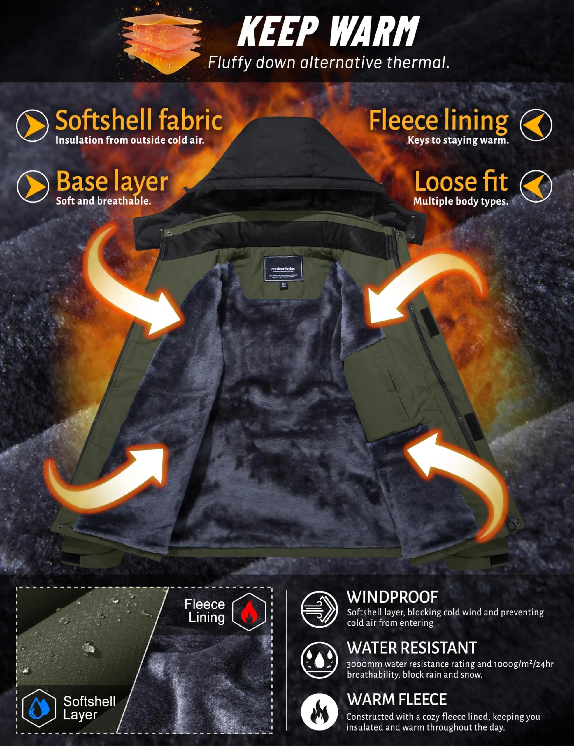 TACVASEN Men's Waterproof Warm Snowboard Tactical Coat with Fleece Lining & Detachable Hood, 0.3 kg (0.66 lb) | Green, Medium - view 3