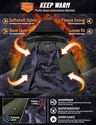 TACVASEN Men's Waterproof Warm Snowboard Tactical Coat with Fleece Lining & Detachable Hood, 0.3 kg (0.66 lb) | Green, Medium thumbnail 3