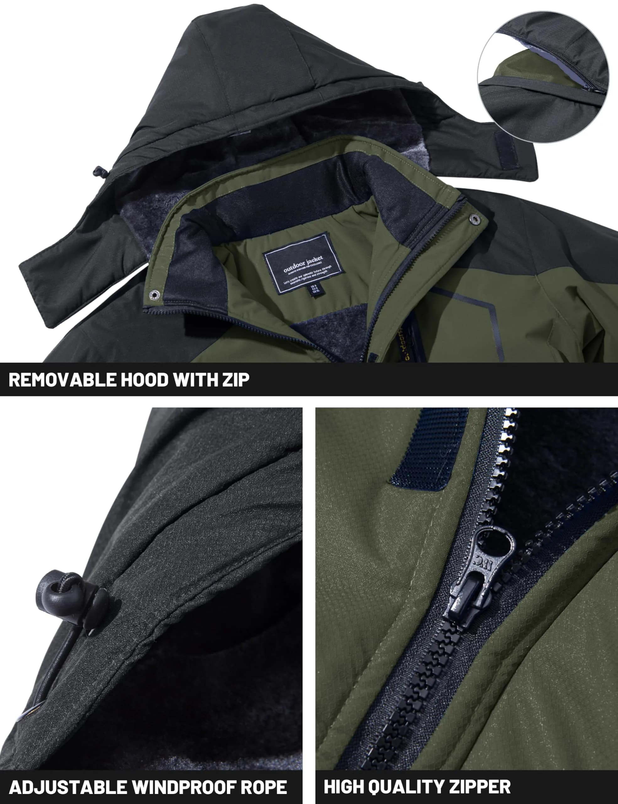TACVASEN Men's Waterproof Warm Snowboard Tactical Coat with Fleece Lining & Detachable Hood, 0.3 kg (0.66 lb) | Green, Medium - view 4
