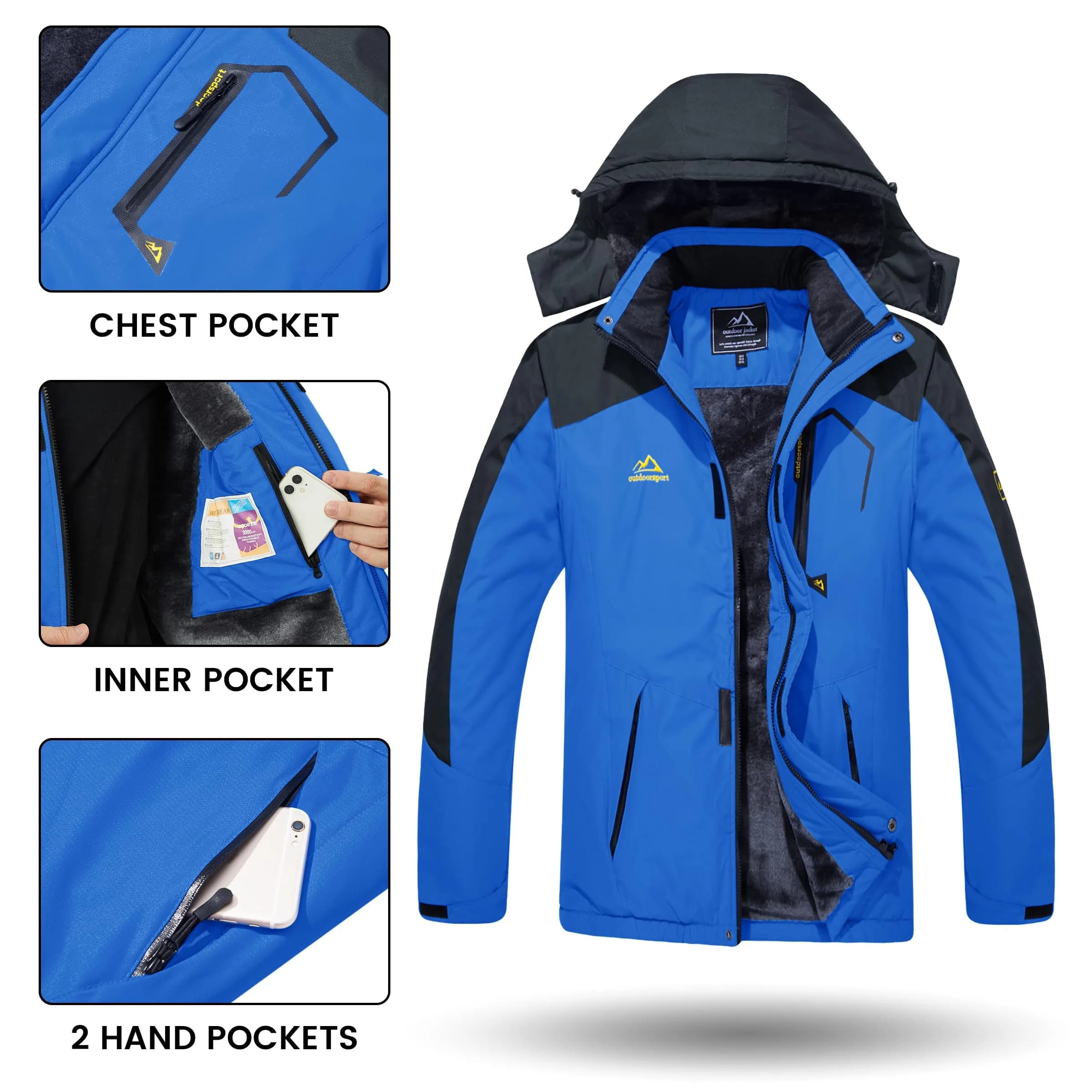 TACVASEN Men's Ski Jacket Winter Waterproof Snow Coat XX-Large | Hooded Fleece Lined with 5 Pockets - view 5
