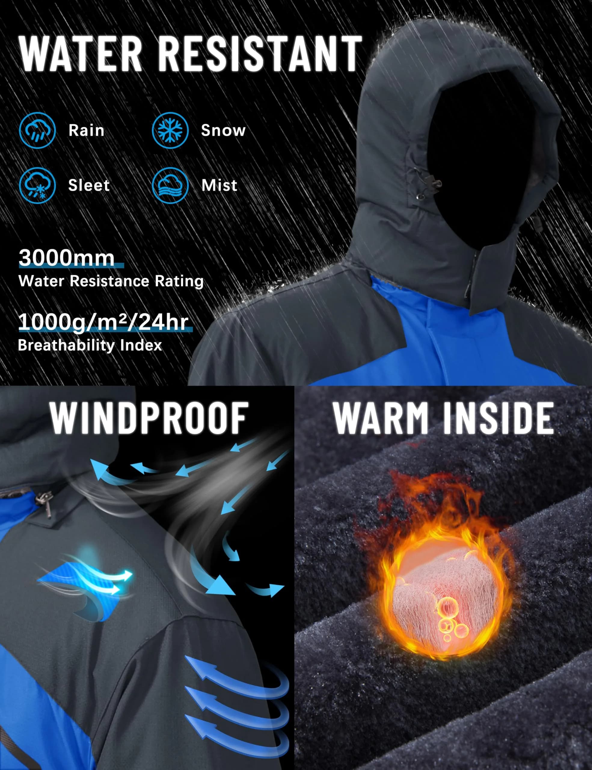 TACVASEN Men's Ski Jacket Winter Waterproof Snow Coat XX-Large | Hooded Fleece Lined with 5 Pockets - view 2