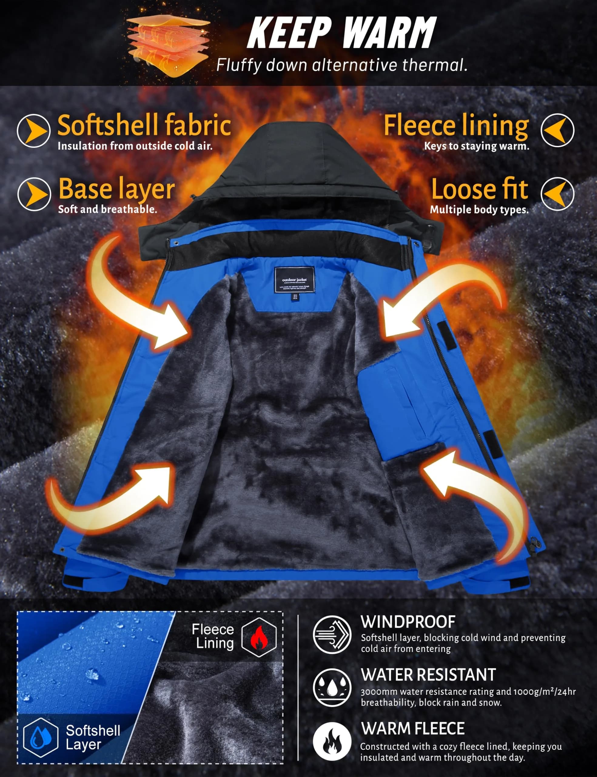 TACVASEN Men's Ski Jacket Winter Waterproof Snow Coat XX-Large | Hooded Fleece Lined with 5 Pockets - view 3