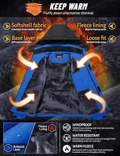 TACVASEN Men's Ski Jacket Winter Waterproof Snow Coat XX-Large | Hooded Fleece Lined with 5 Pockets thumbnail 3