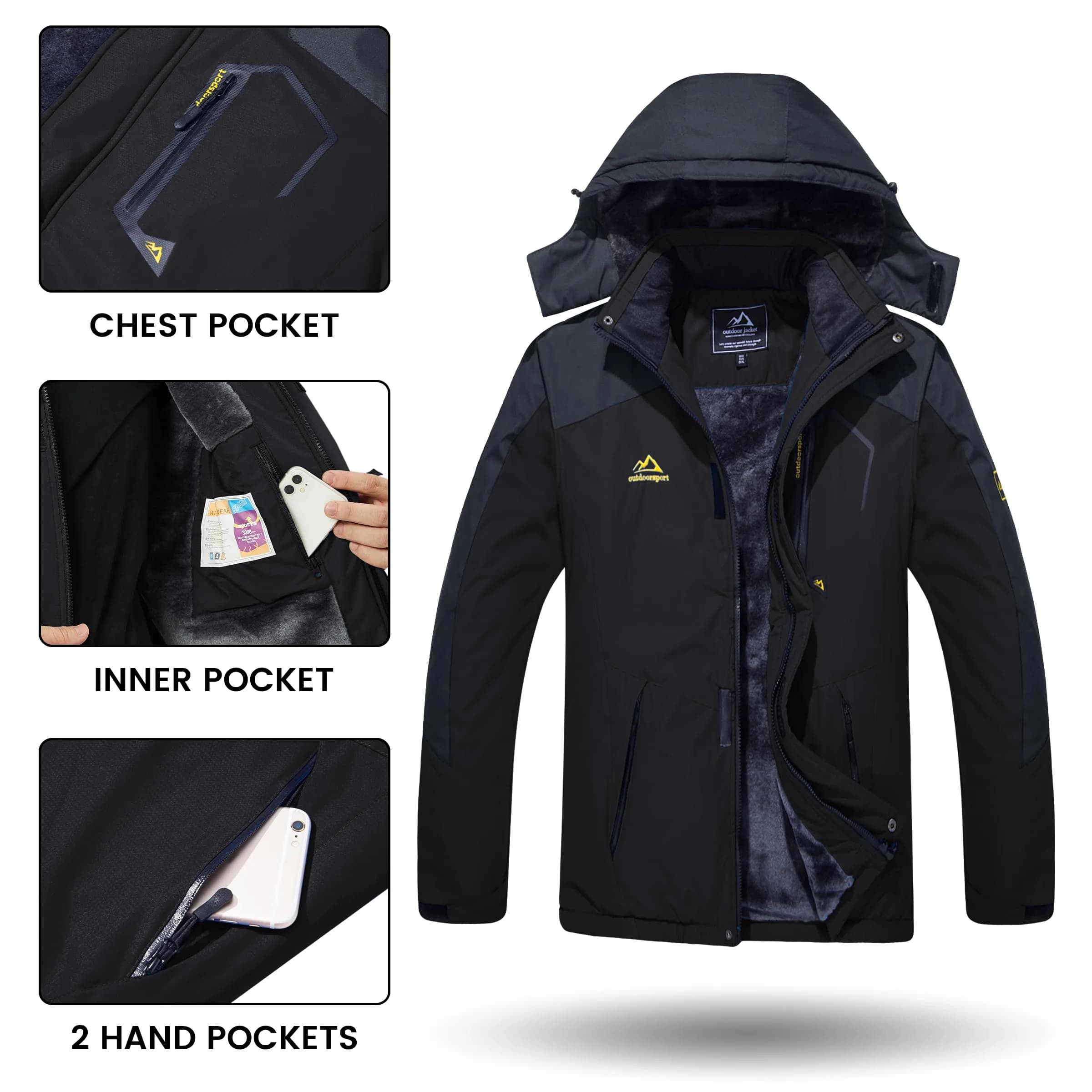 TACVASEN Men's Warm Ski Jacket with Fleece Lining & Detachable Hood XL | Waterproof Windproof Winter Coat - view 5