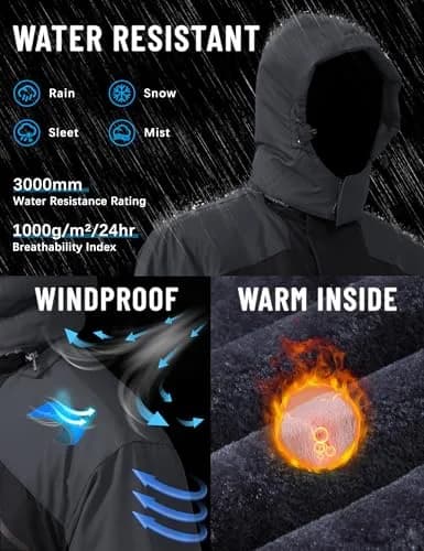 TACVASEN Men's Warm Ski Jacket with Fleece Lining & Detachable Hood XL | Waterproof Windproof Winter Coat thumbnail 2
