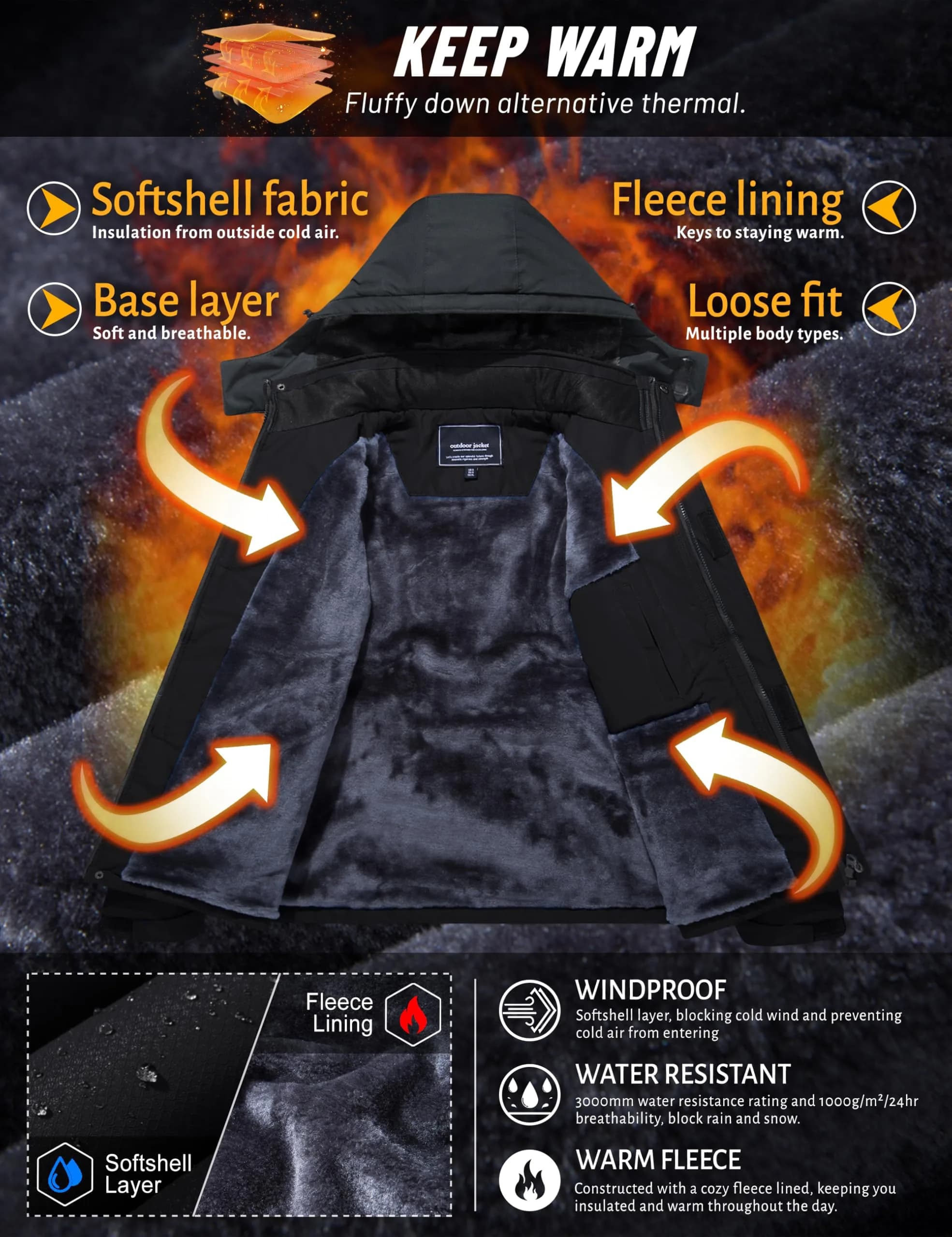 TACVASEN Men's Warm Ski Jacket with Fleece Lining & Detachable Hood XL | Waterproof Windproof Winter Coat - view 3