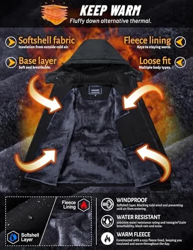 TACVASEN Men's Warm Ski Jacket with Fleece Lining & Detachable Hood XL | Waterproof Windproof Winter Coat thumbnail 3