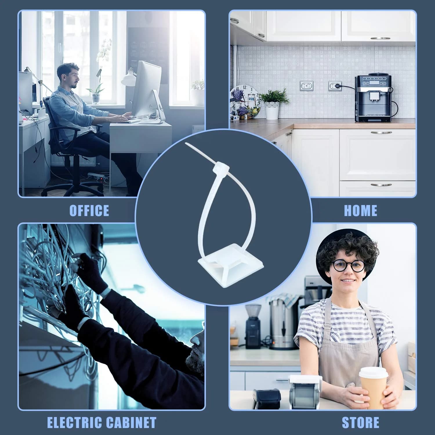 HUASAI White 100 Pack Zip Tie Mounts with 7.8" Cable Ties | Organize Wires Under Desks & Walls - view 5