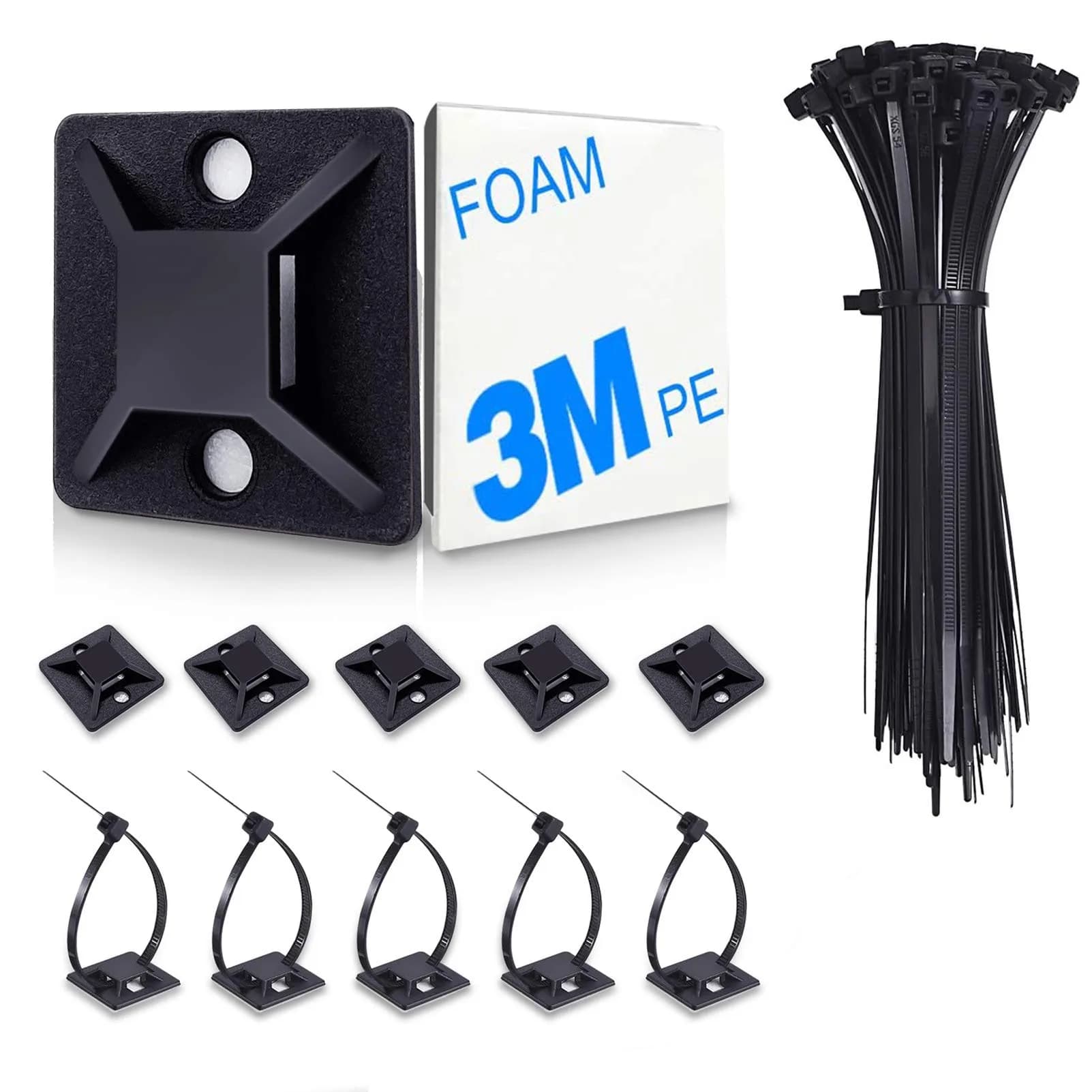 HUASAI Black 100 Pack Cable Tie Mounts with Zip Ties | Organize Wires Indoors & Outdoors