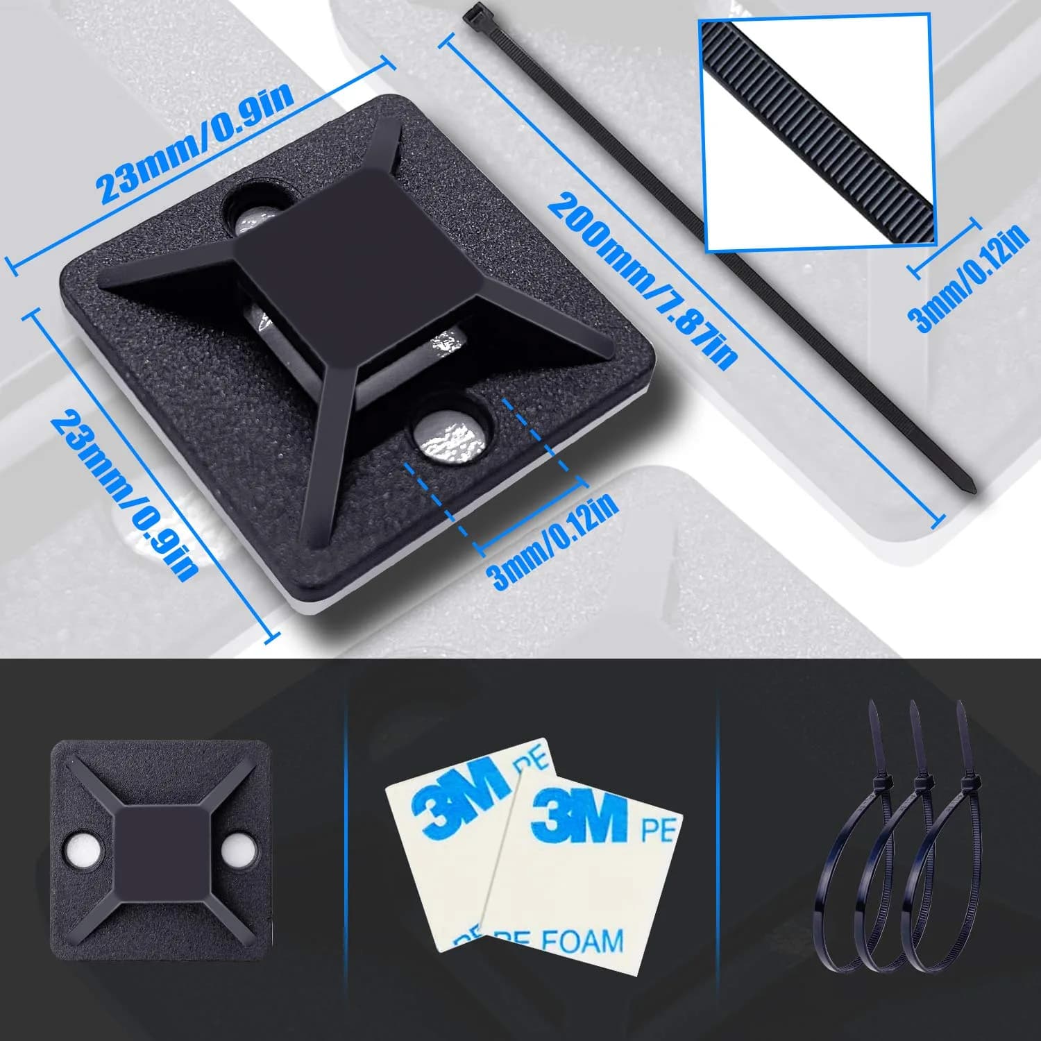 HUASAI Black 100 Pack Cable Tie Mounts with Zip Ties | Organize Wires Indoors & Outdoors - view 2