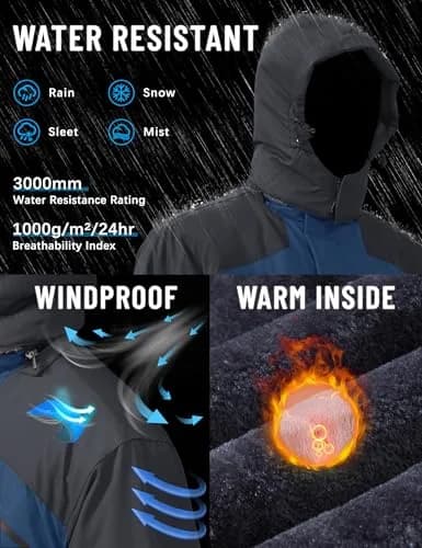 TACVASEN Men's Waterproof Ski Snowboarding Jacket with Fleece Lining, Denim Blue, Large | Warm Winter Coat for Cold Weather Sports thumbnail 2