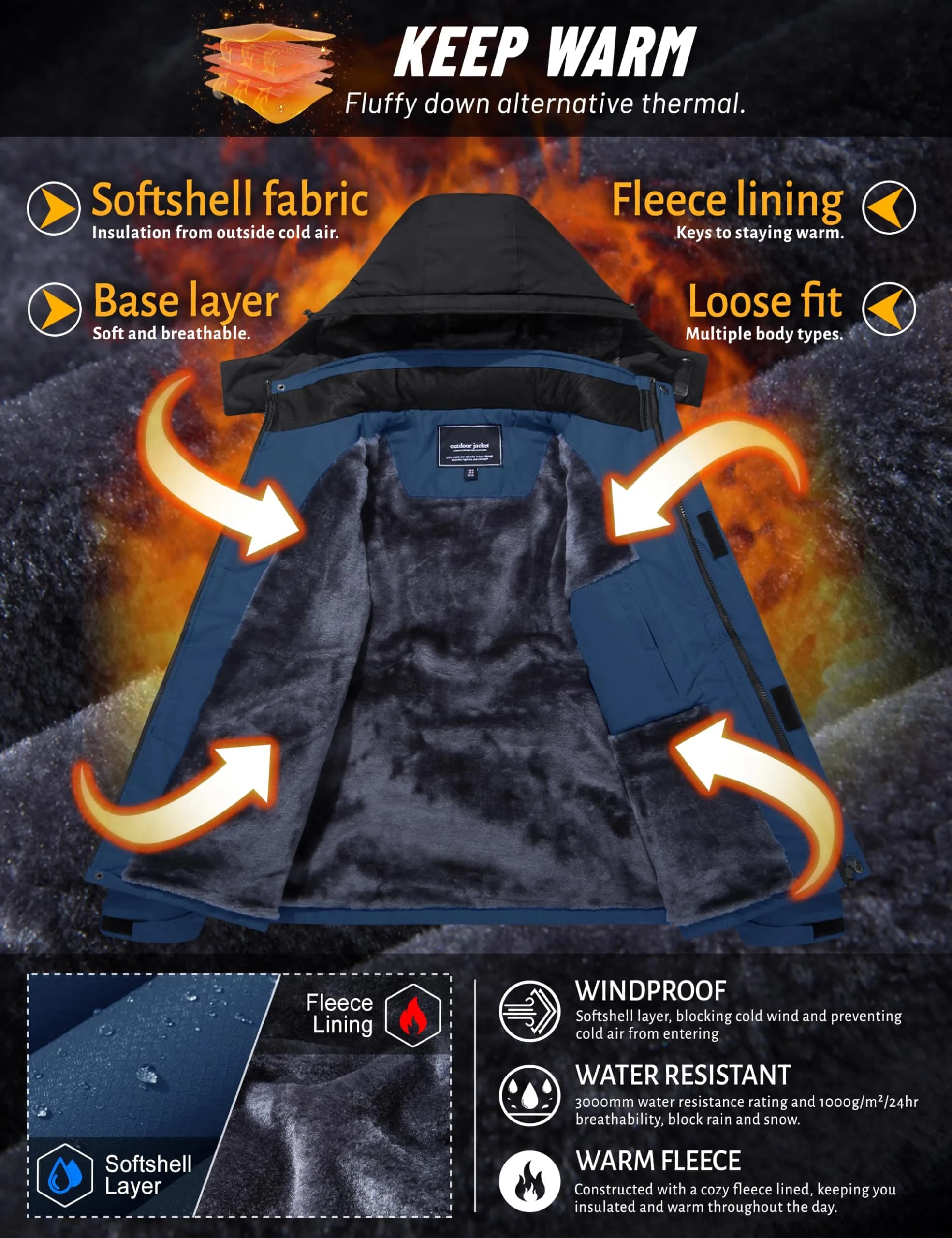 TACVASEN Men's Waterproof Ski Snowboarding Jacket with Fleece Lining, Denim Blue, Large | Warm Winter Coat for Cold Weather Sports - view 3