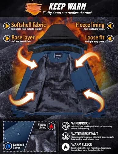 TACVASEN Men's Waterproof Ski Snowboarding Jacket with Fleece Lining, Denim Blue, Large | Warm Winter Coat for Cold Weather Sports thumbnail 3