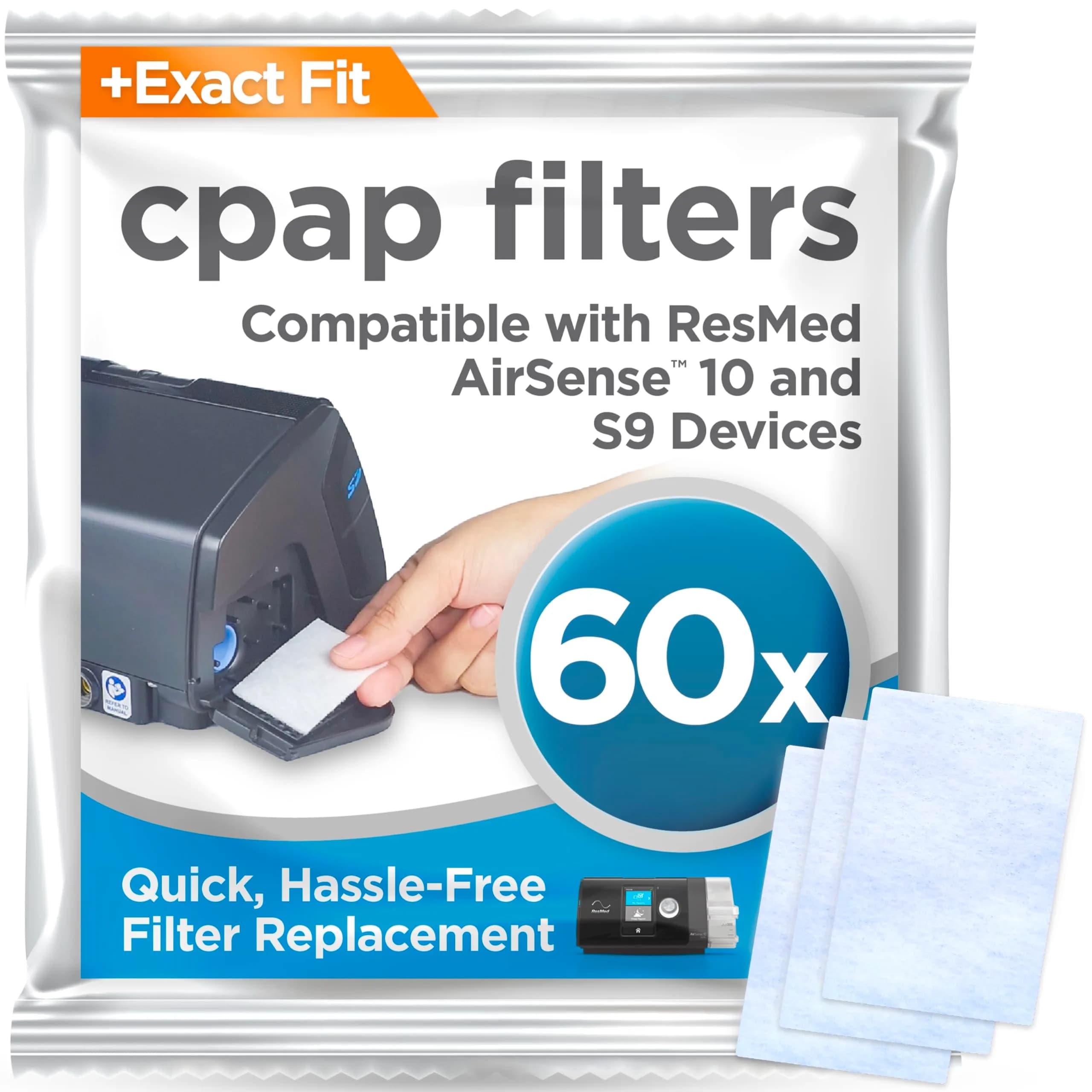 RespLabs CPAP Filters for ResMed AirSense 10 & AirCurve 10 - 60 Pack Disposable Replacement Filters | 1+ Year Supply — Black