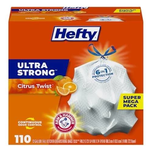 Hefty Ultra Strong 13 Gal Kitchen Trash Bags | Leak & Rip Resistant, Citrus Twist Scent, 110ct thumbnail 1
