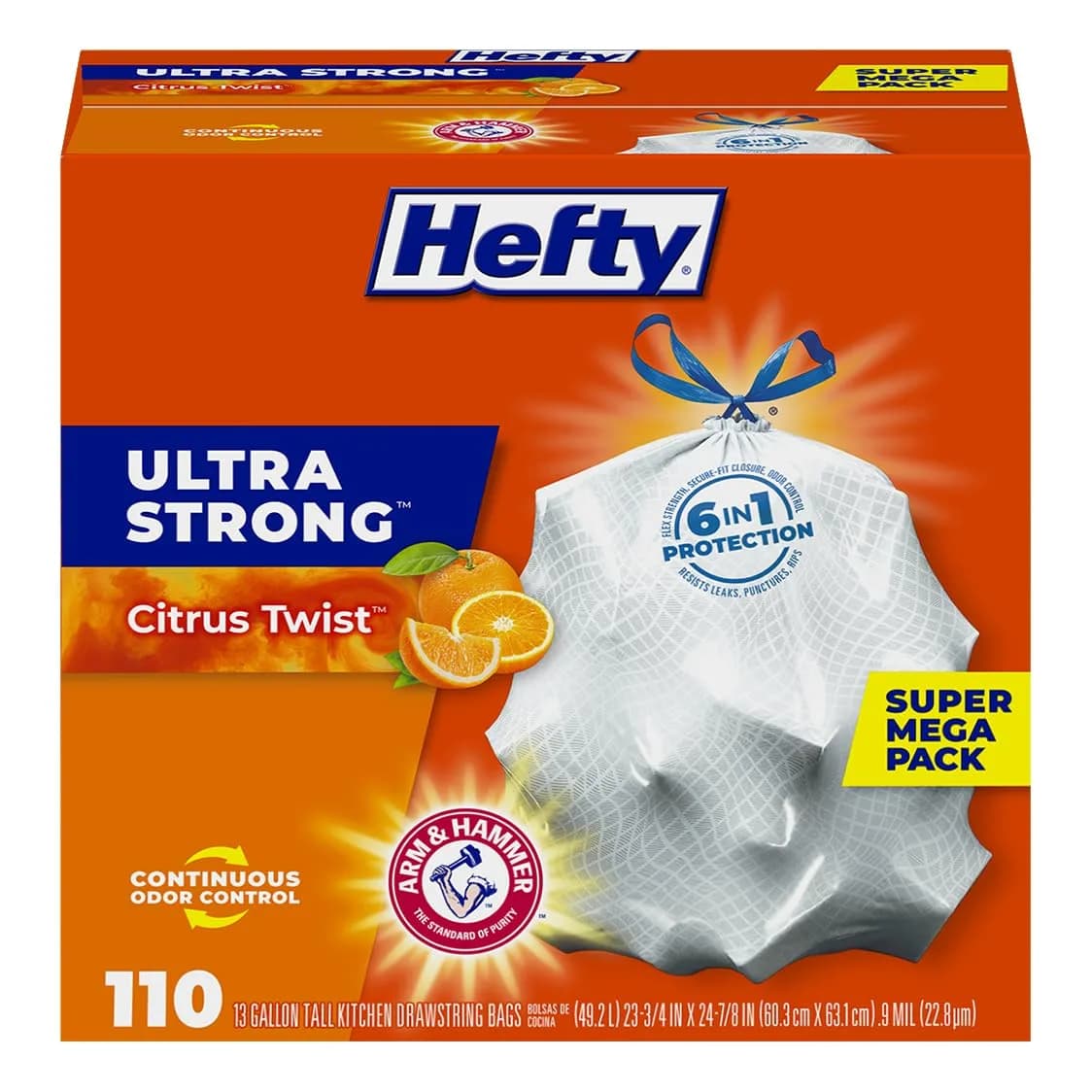 Hefty Ultra Strong 13 Gal Kitchen Trash Bags | Leak & Rip Resistant, Citrus Twist Scent, 110ct