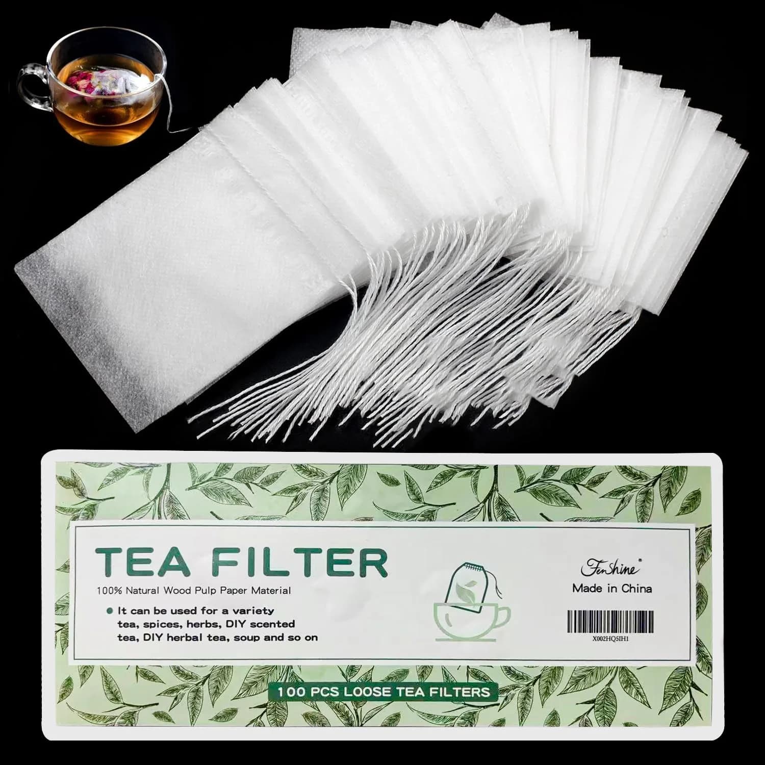 fenshine Disposable Tea Bags 100 pcs | Biodegradable Corn Fiber Tea Filter Bags with Drawstring