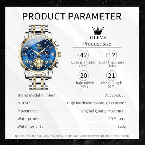 OLEVS Blue Watches for Men Luxury Analog Stainless Steel Dress | 41mm Diameter, Water-Resistant to 30m thumbnail 8