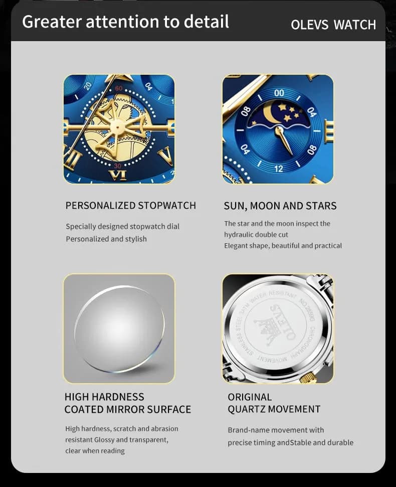 OLEVS Blue Watches for Men Luxury Analog Stainless Steel Dress | 41mm Diameter, Water-Resistant to 30m thumbnail 11
