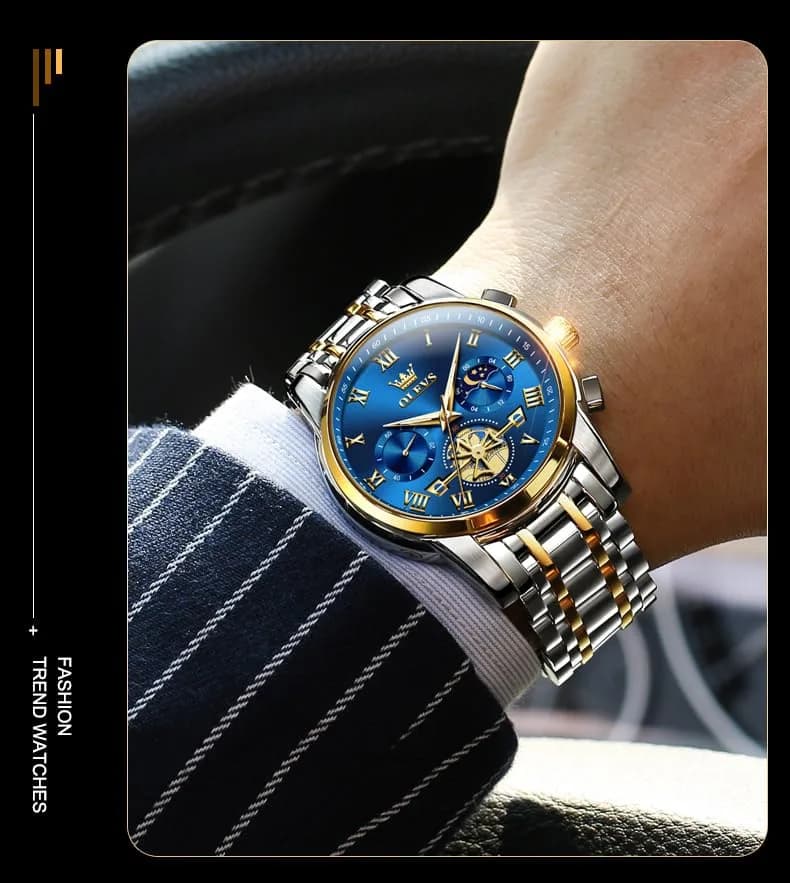 OLEVS Blue Watches for Men Luxury Analog Stainless Steel Dress | 41mm Diameter, Water-Resistant to 30m thumbnail 3