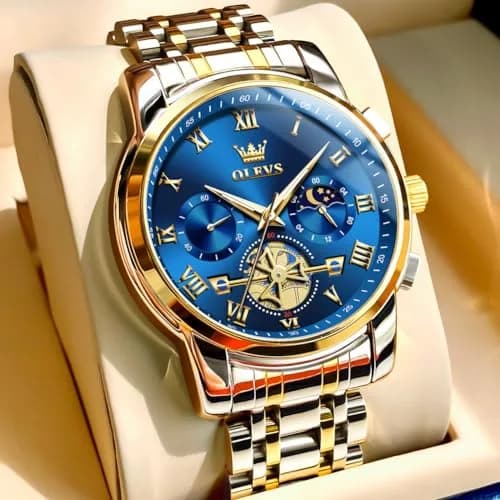 OLEVS Blue Watches for Men Luxury Analog Stainless Steel Dress | 41mm Diameter, Water-Resistant to 30m thumbnail 4