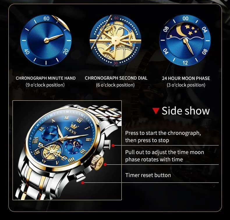OLEVS Blue Watches for Men Luxury Analog Stainless Steel Dress | 41mm Diameter, Water-Resistant to 30m thumbnail 6
