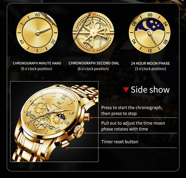 OLEVS Men Gold Watch Large Face Quartz Chronograph Waterproof 42mm | Luxury Stainless Steel thumbnail 5