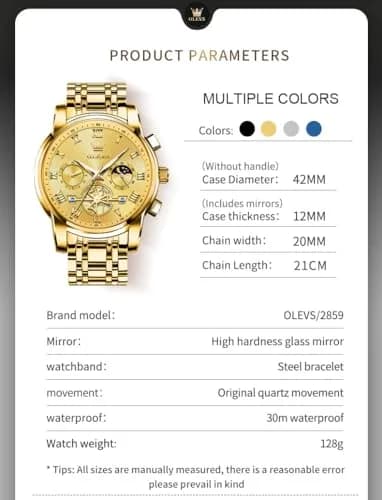 OLEVS Men Gold Watch Large Face Quartz Chronograph Waterproof 42mm | Luxury Stainless Steel thumbnail 7