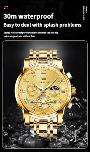 OLEVS Men Gold Watch Large Face Quartz Chronograph Waterproof 42mm | Luxury Stainless Steel thumbnail 8