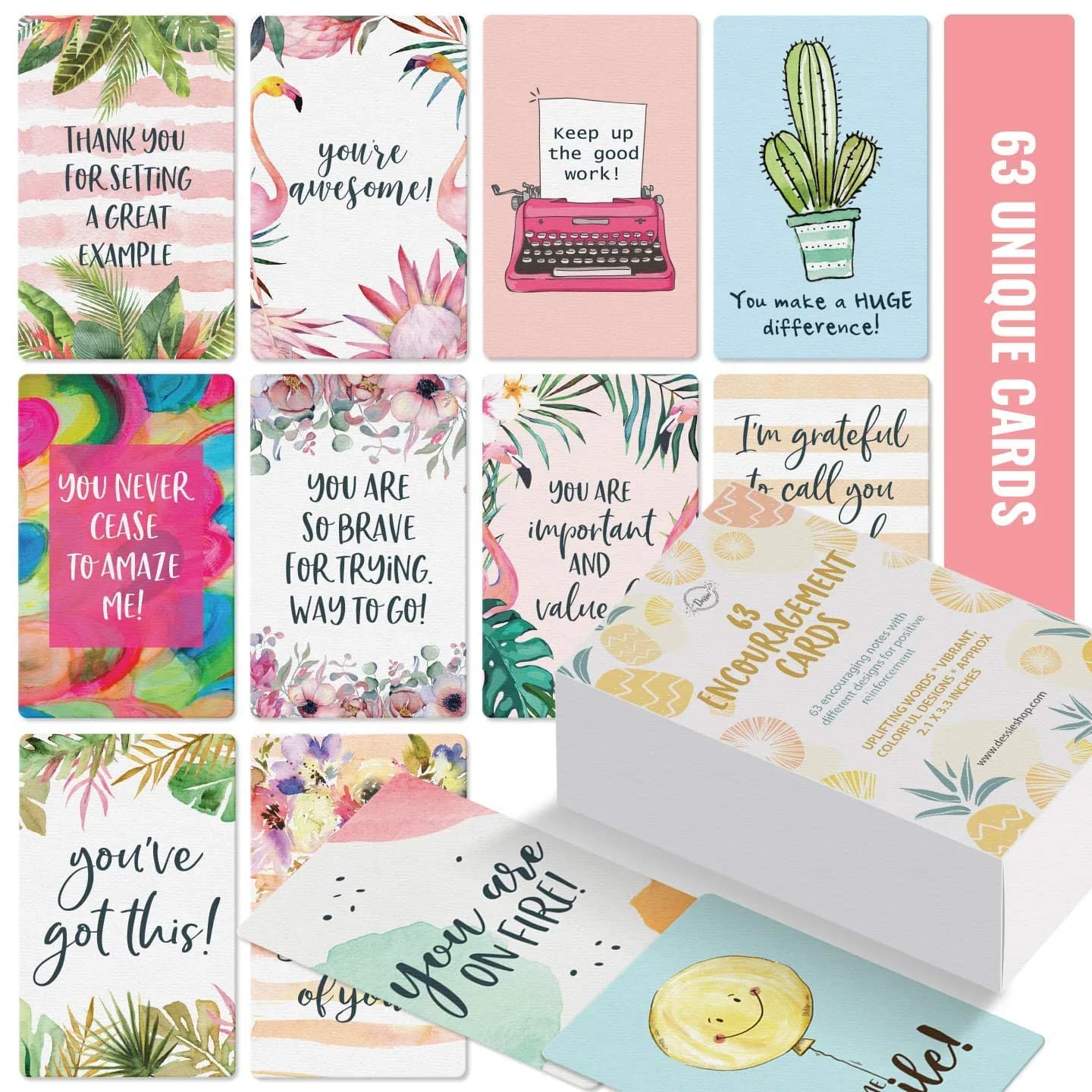 Dessie Motivational Cards - 63 Unique Inspirational Cards | Business Card Sized Encouragement Cards for Employees, Kindness, Appreciation, Lunch Box Notes