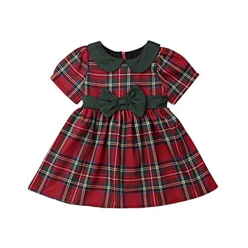 Kuriozud Toddler Baby Girl Plaid Dress Short Sleeve Bowknot 2-3T | Breathable Cotton Blend for Indian Summer thumbnail 1