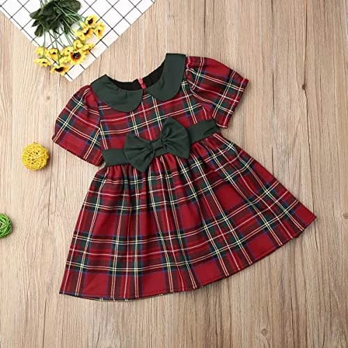 Kuriozud Toddler Baby Girl Plaid Dress Short Sleeve Bowknot 2-3T | Breathable Cotton Blend for Indian Summer thumbnail 2