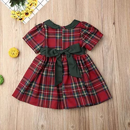 Kuriozud Toddler Baby Girl Plaid Dress Short Sleeve Bowknot 2-3T | Breathable Cotton Blend for Indian Summer thumbnail 3