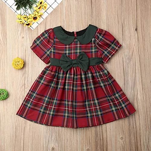 Kuriozud Toddler Baby Girl Plaid Dress Short Sleeve Bowknot 2-3T | Breathable Cotton Blend for Indian Summer thumbnail 4