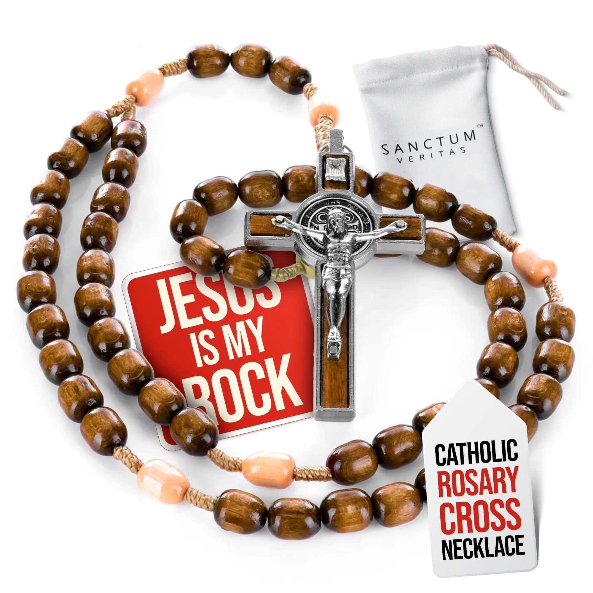 SANCTUM VERITAS Mahogany Wood Catholic Rosary Necklace | Large Italian Prayer Beads, 21.5 cm (8.5 inches) - main product image