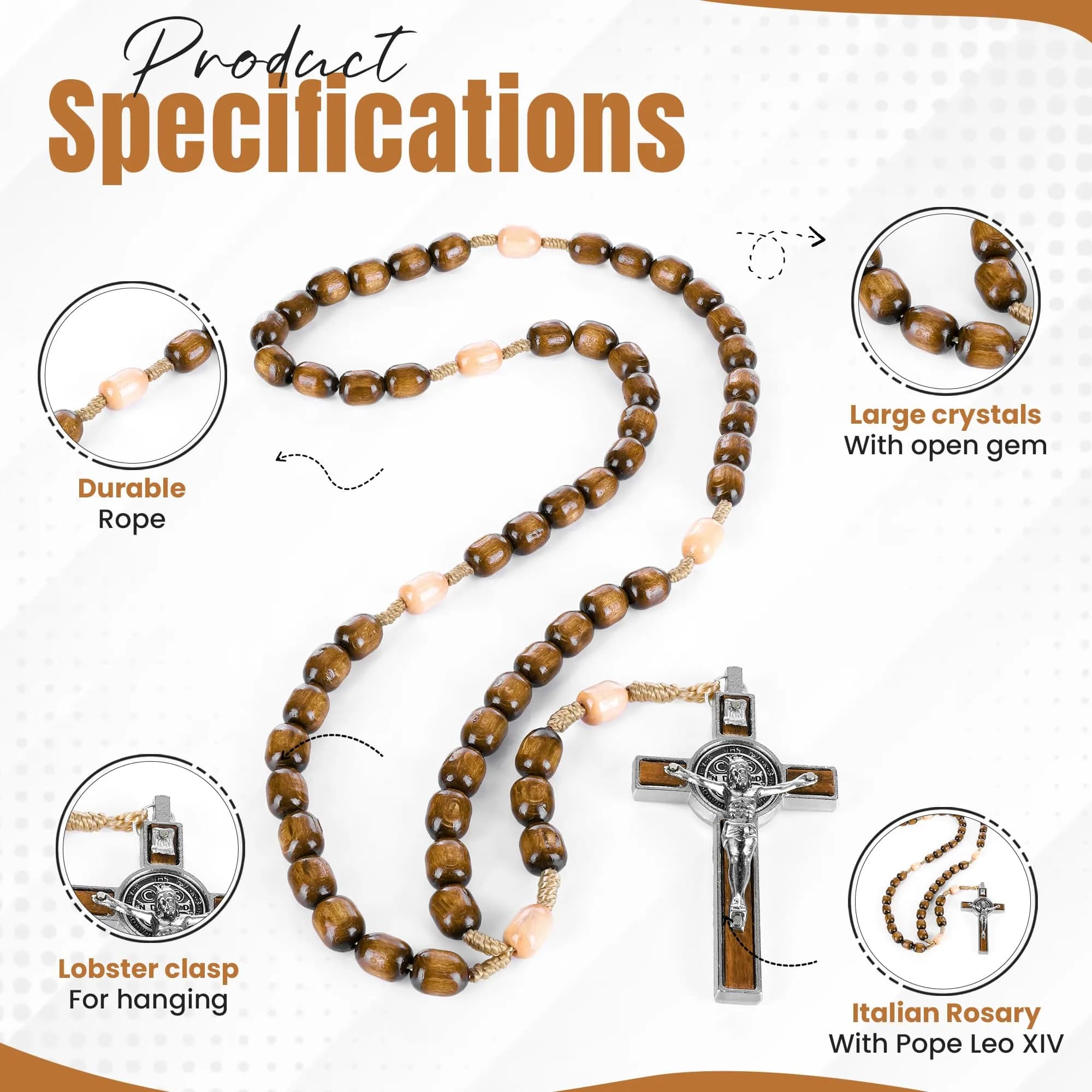 SANCTUM VERITAS Mahogany Wood Catholic Rosary Necklace | Large Italian Prayer Beads, 21.5 cm (8.5 inches) - view 4