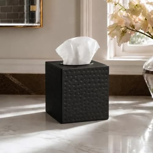 Monarch Abode Hand Hammered Metal Tissue Box Cover Square | Black Bathroom Accessory for Modern Home Decor thumbnail 4