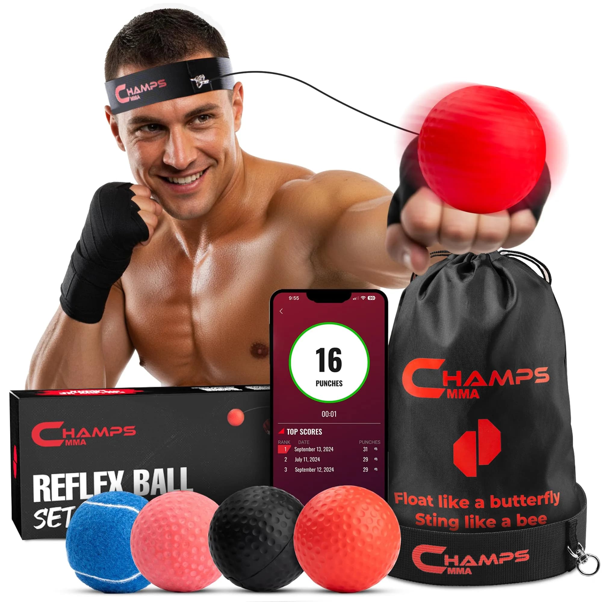 Champs MMA Reflex Ball Set with Punch Counter | 4 Varying Weights, Headband & Strings — MultiColor