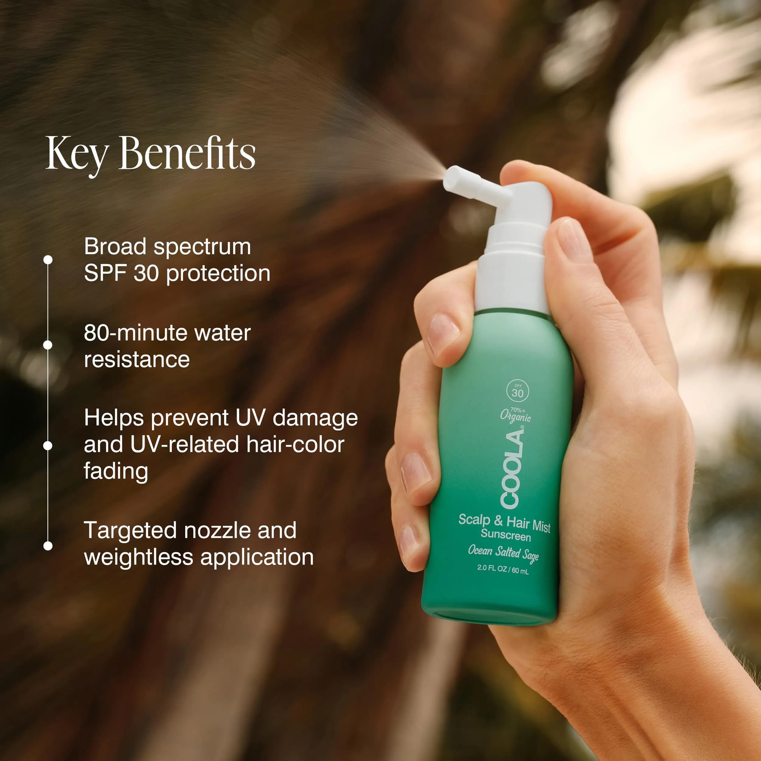 COOLA Organic Scalp & Hair Sunscreen Mist SPF 30 with Monoi Oil, Ocean Salted Sage (2 Fl Oz / 59 ml) - view 4